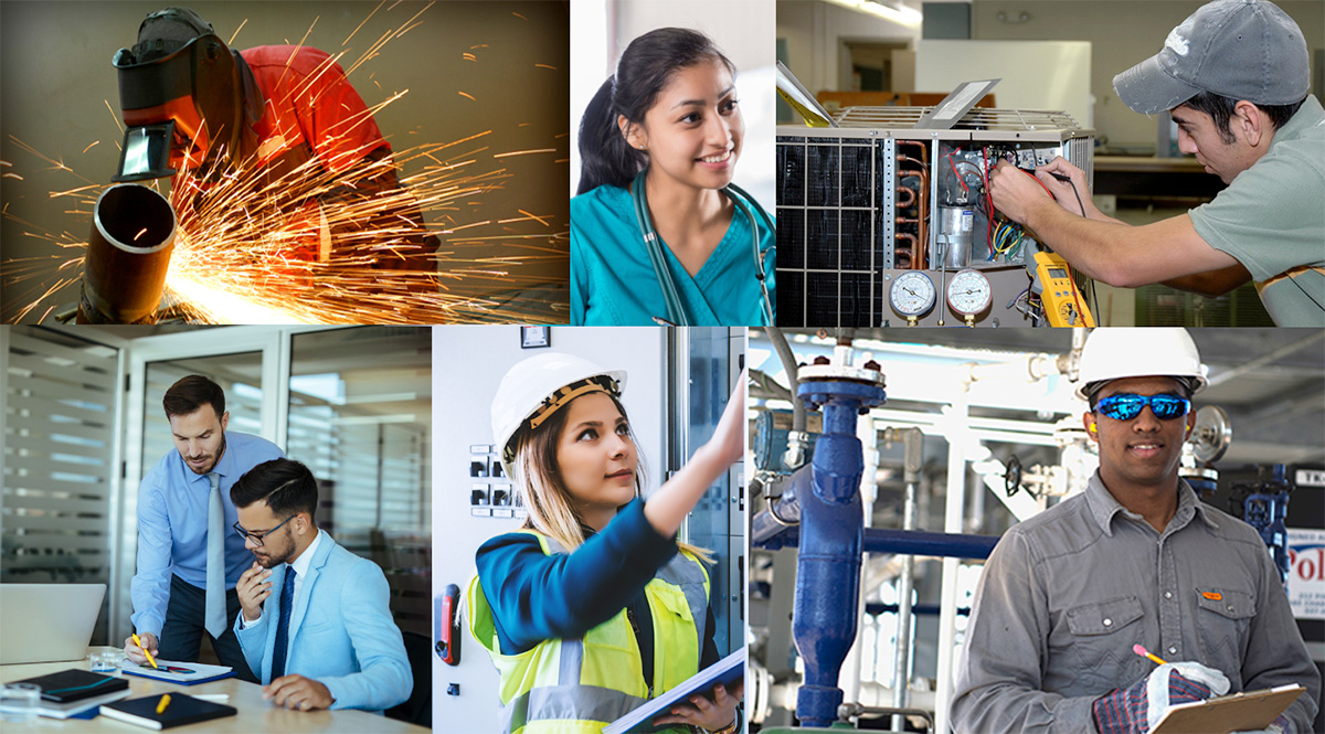 A collage of photos of students in welding, healthcare and other WSA programs