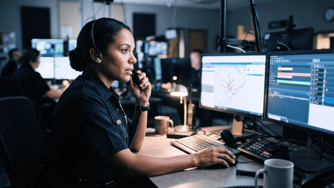 Woman in a control room using a telephone and computer at a workstation.