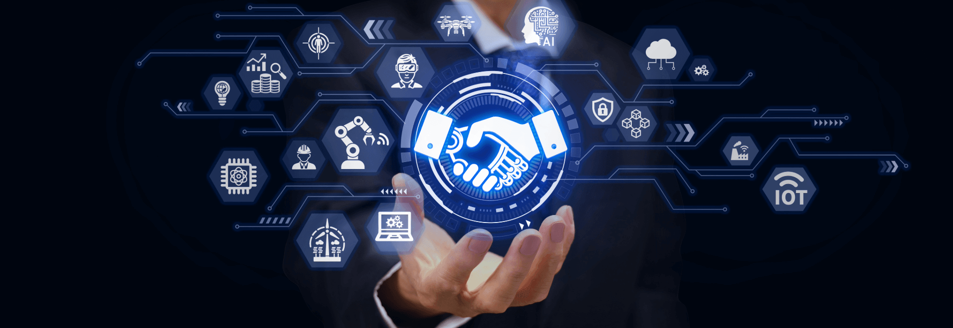 A digital interface with a glowing handshake icon, surrounded by technology-related hexagons.
