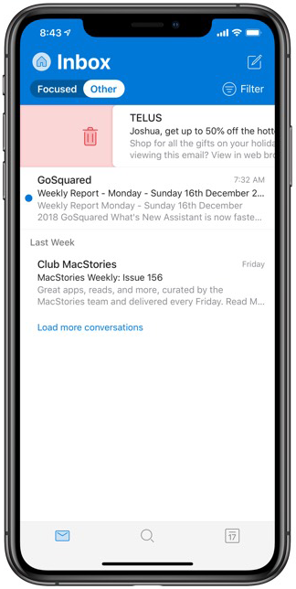 Outlook app on an iPhone X. Link goes to email login.