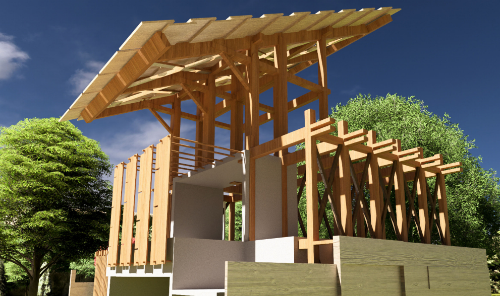 Architectural rendering of a multi-level wooden structure with a broad sloped roof, exposed beams, and railings among green trees.