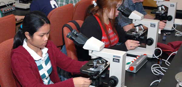 Medical laboratory students use microscopes.