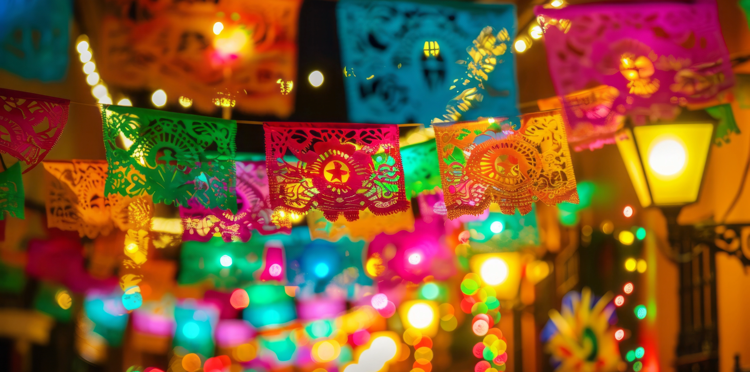 Colorful papel picado hanging from the ceiling with string lights