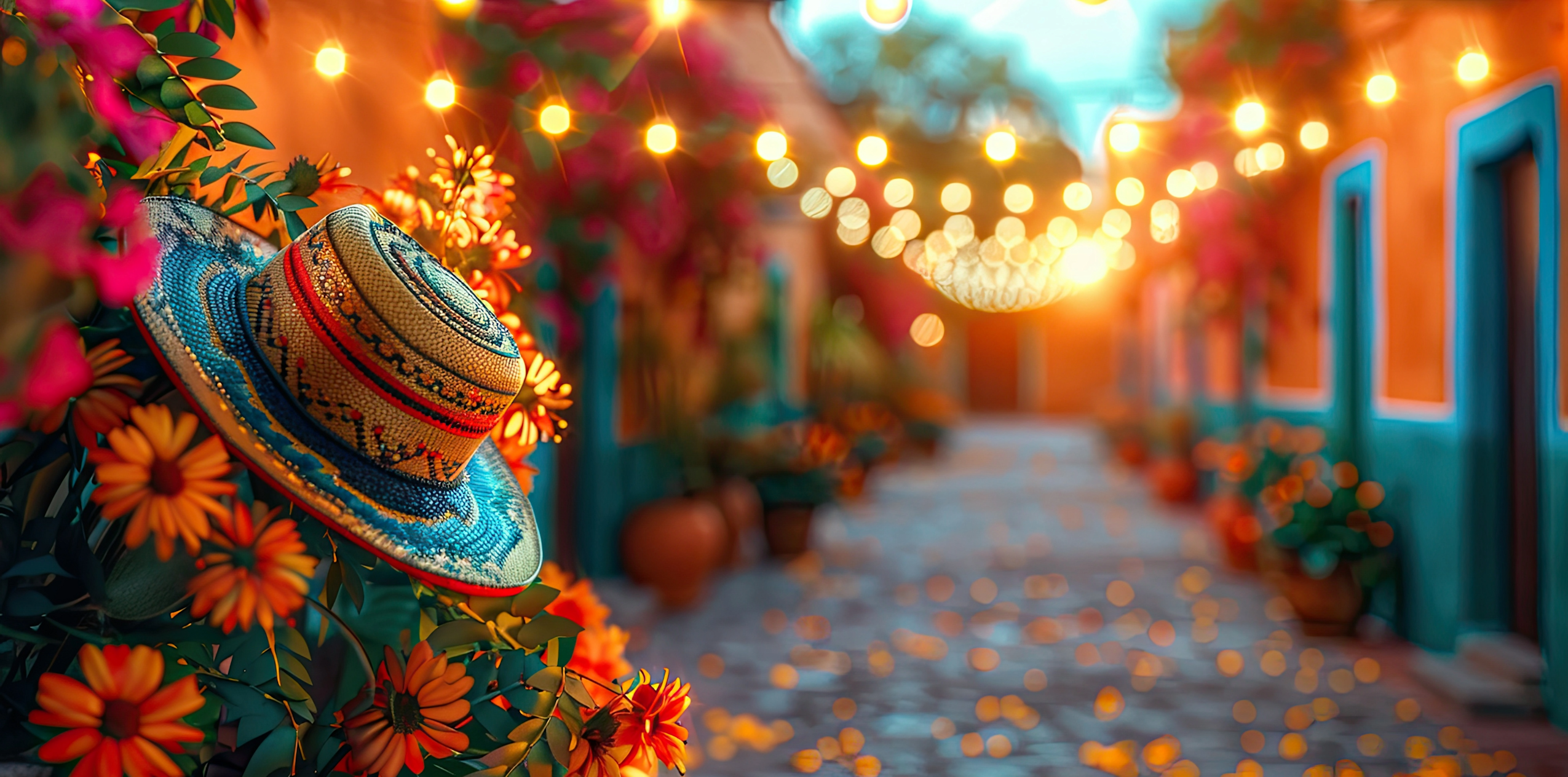 Walkway through colorful buildings with a mexican hat in the forefront
