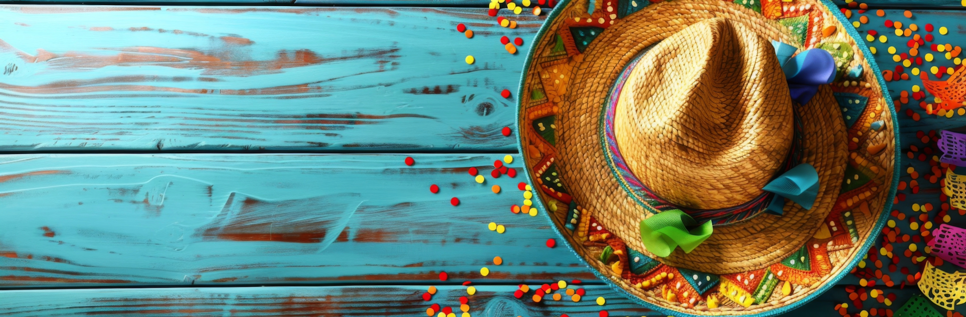 Mexican sombrero on a blue wood background with confetti