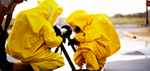 Two people in environmental suits working out in the field.