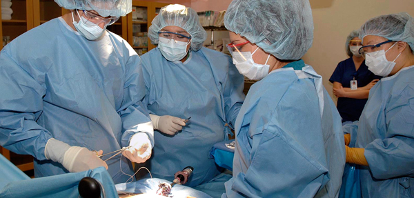 Surgeon and students practicing operation on a patient.