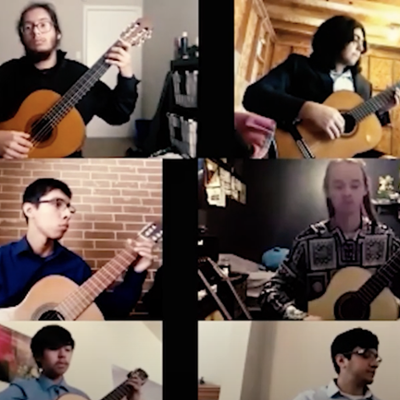 Several of the students in the DMC Guitar Ensemble still image from a Zoom virtual performance