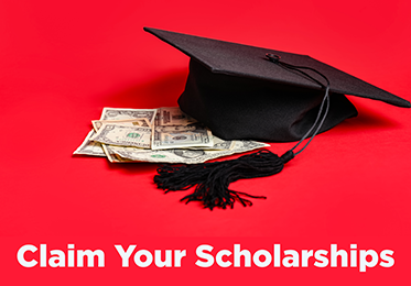 A graduation cap atop a stack of money and a caption reading Claim Your Scholarship