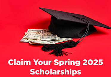 A graduation cap atop a stack of money and a caption reading Claim Your Scholarship