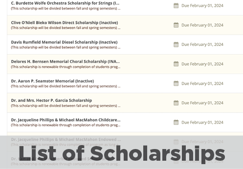 A screenshot of available scholarships and a caption reading List of Scholarships