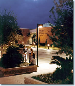 Barth Learning Resources Center front entry and walkway after dark