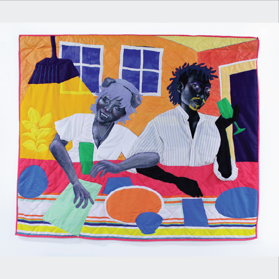 Mixed media artwork featuring two people at a dinner table