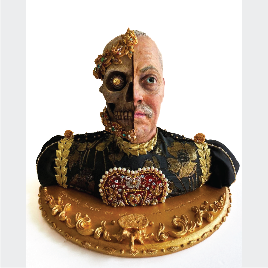 sculpture of a saint whose face is half skull