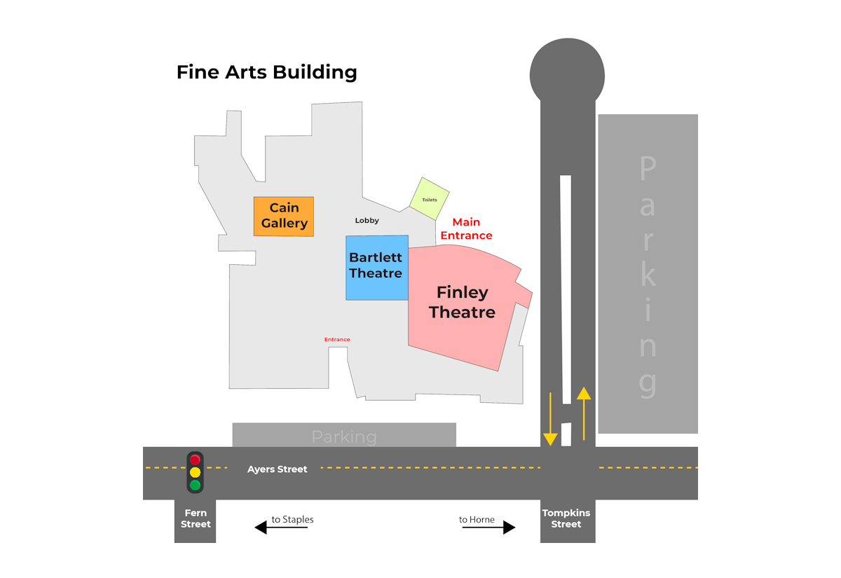 Map with directions to the Fine Arts Building on Heritage Campus