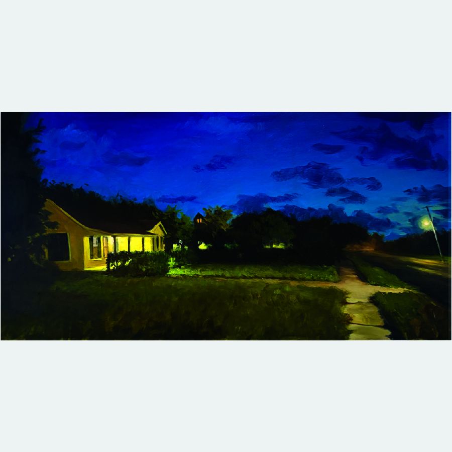 painting of a residential street at night where you can see a house a road and a lightpost
