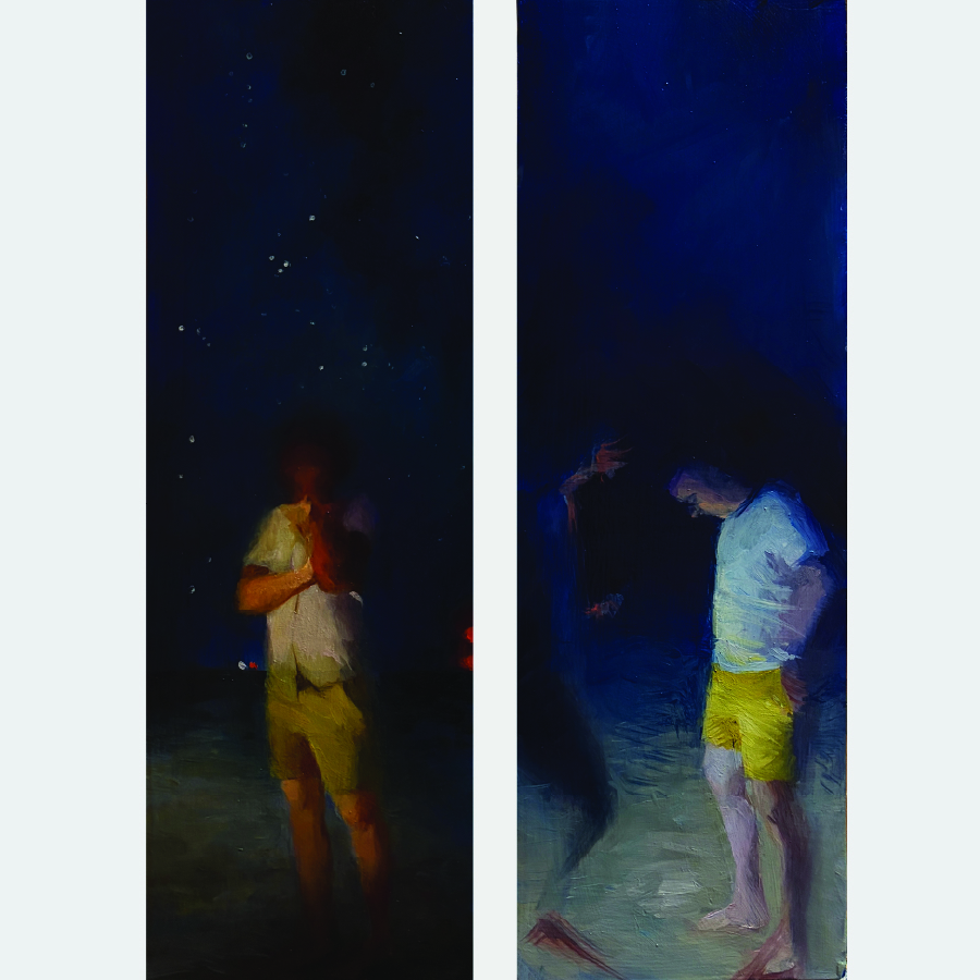 painting with distorted images of a man at night illuminated by an offscreen light source