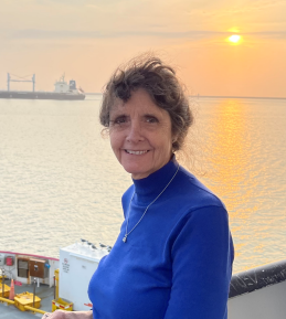 A person in a blue top stands on a ferry deck overlooking calm water at sunset.