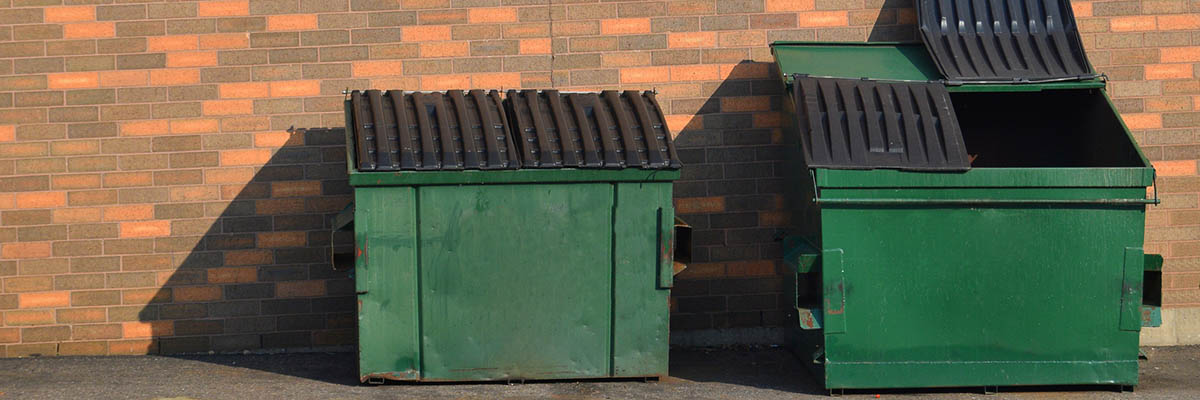 Large waste dumpsters outdoors against a building wall