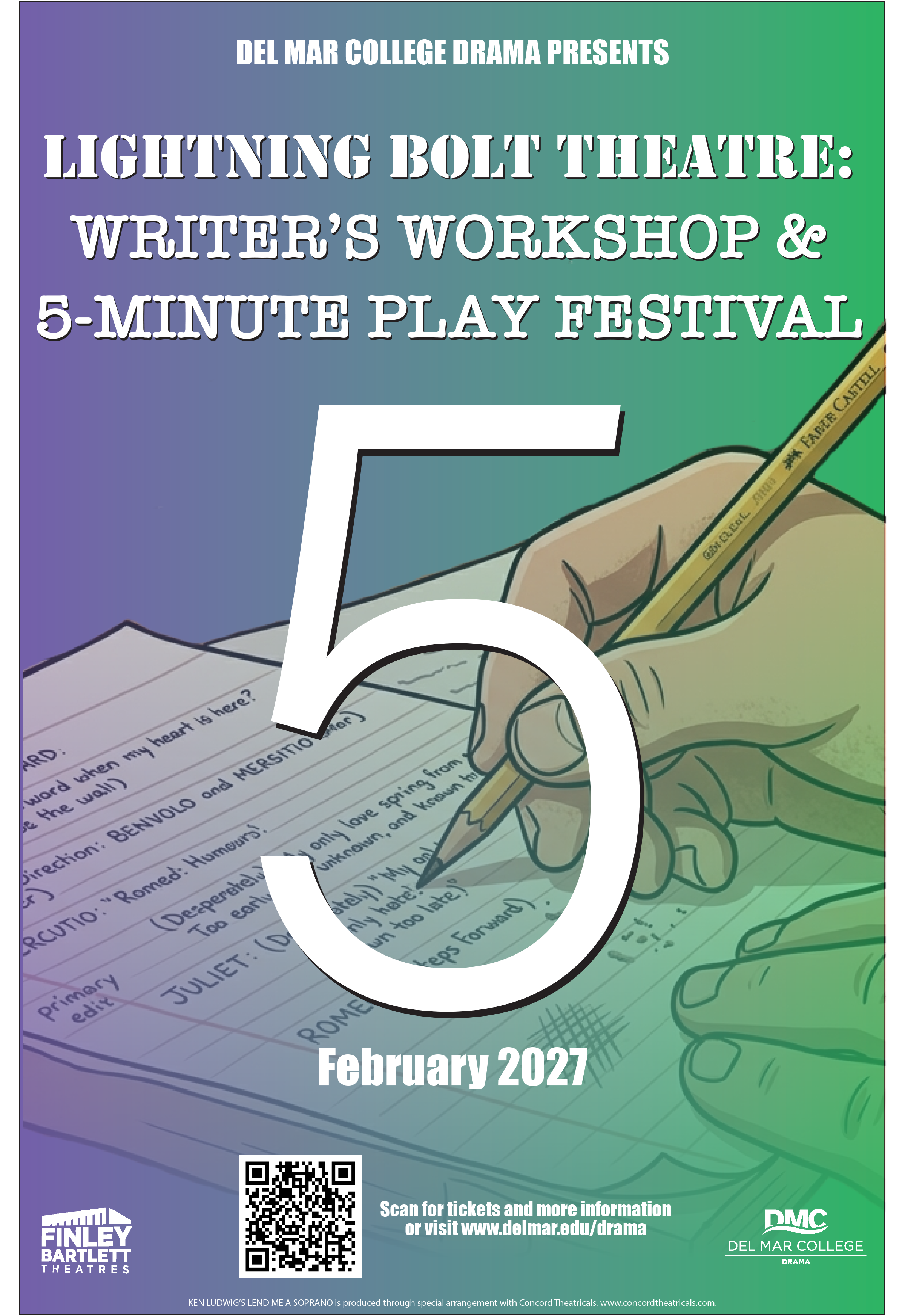 poster showing a large number 5 center with a hand holding a pencil