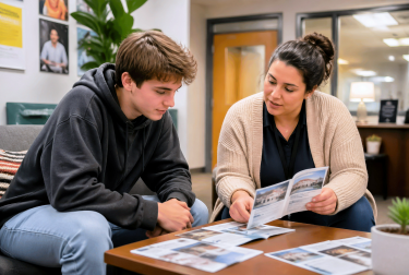 Two people review brochures and printed photos together at a table in a bright indoor room.