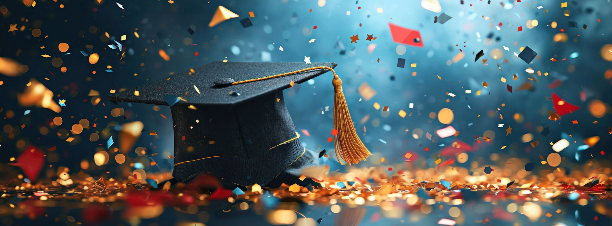 Graduation cap surrounded by confetti