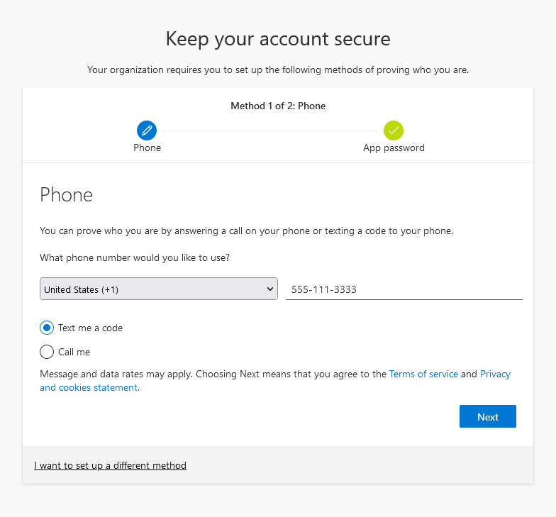 Multi Factor Text or Phone Authentication screen three