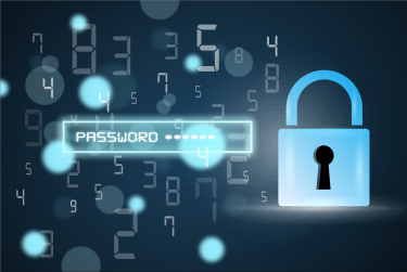 Digital concept of security with a glowing blue padlock and a password field amid floating numbers.