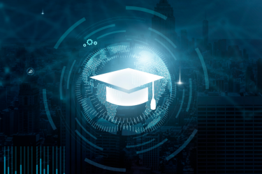 A glowing graduation cap surrounded by digital elements against a blue cityscape.