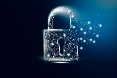 Digital padlock composed of interconnected lines and nodes on a dark blue background.