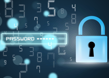 Digital illustration of a glowing blue padlock with scattered numbers and a highlighted password entry field.