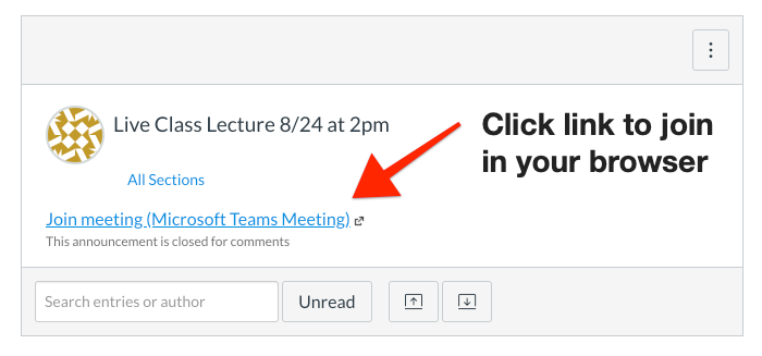 Arrow pointing to join link that reads Join meeting (Microsoft Teams Meeting)