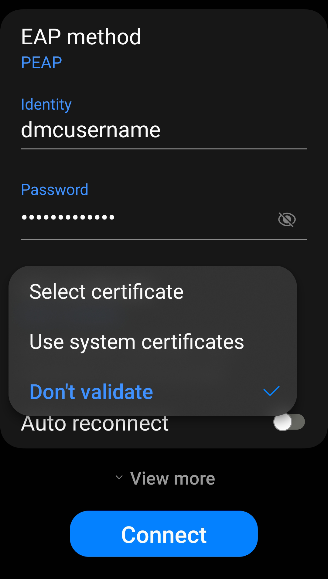Screenshot showing identity and password on Android