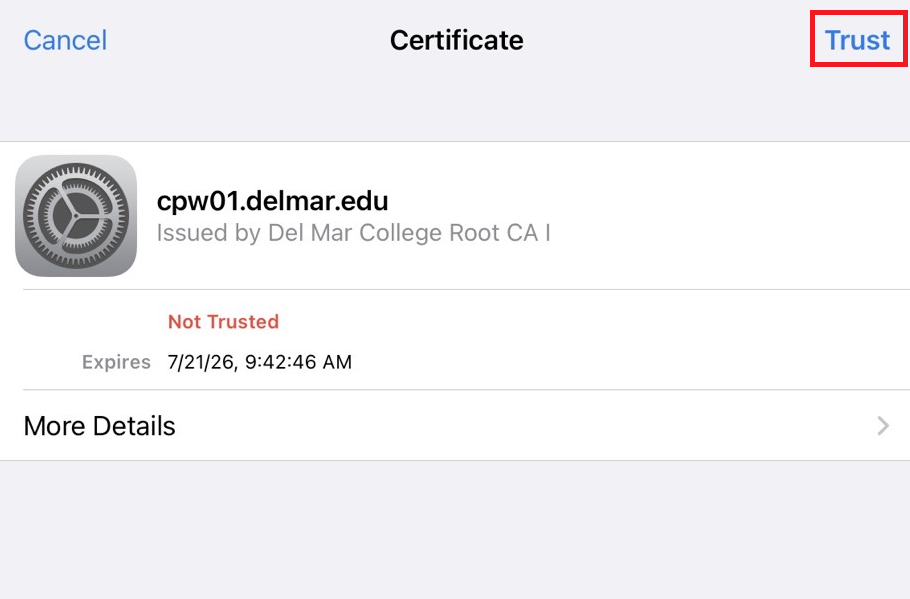 Screenshot of certificate