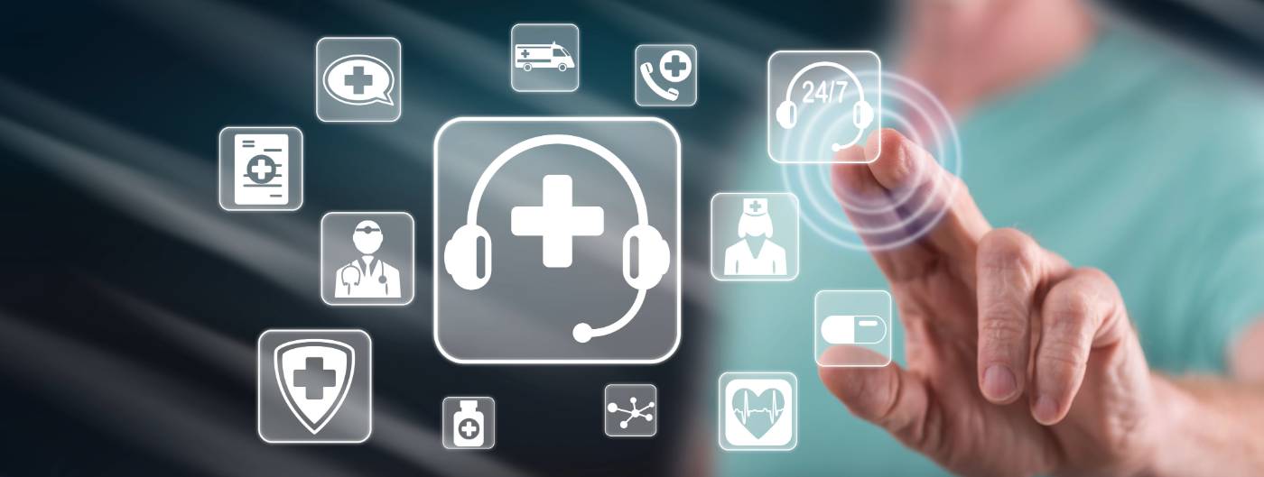 A hand reaches toward transparent healthcare icons, including a headset with a medical cross, a doctor, a nurse, and 24/7 service symbols.