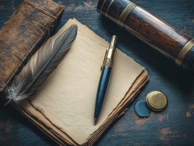 A desk with a paper and pen and books