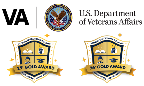 Veterans Affairs Department logo and Veteran Education Excellence Gold Award logos