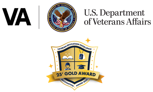 Veterans Affairs Department logo and Veteran Education Excellence Gold Award logo