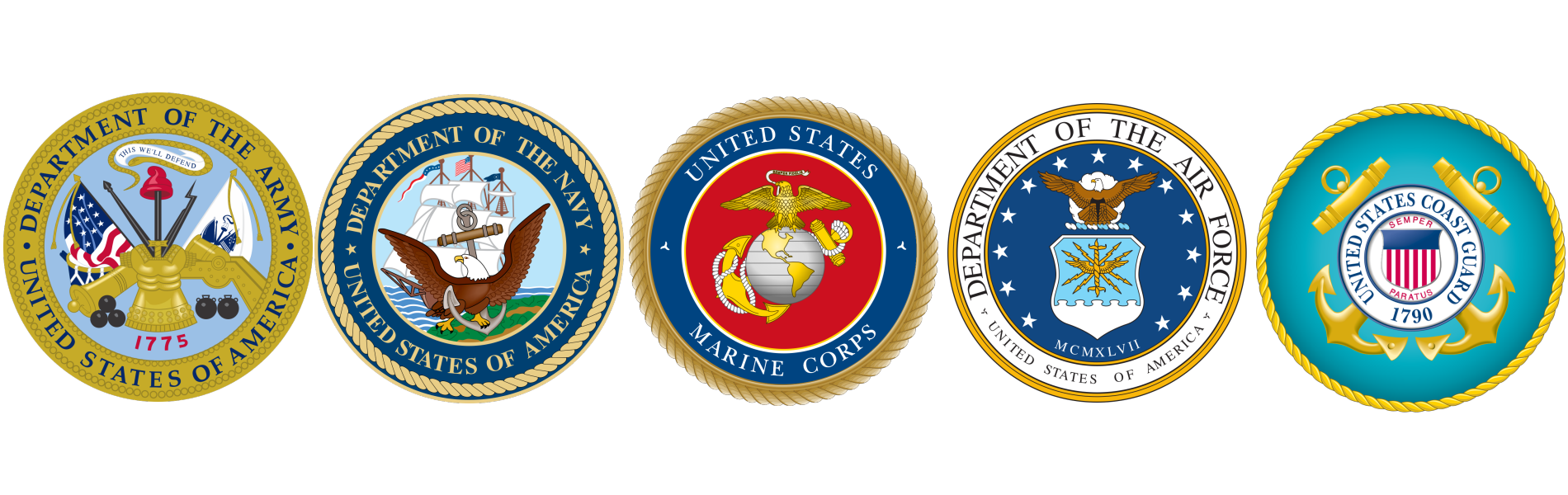 the seals for the branches of army, navy, air force, marines and coast guard