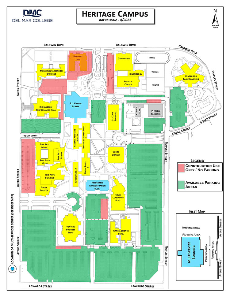 Map showing closed and open parking lots on the Heritage Campus