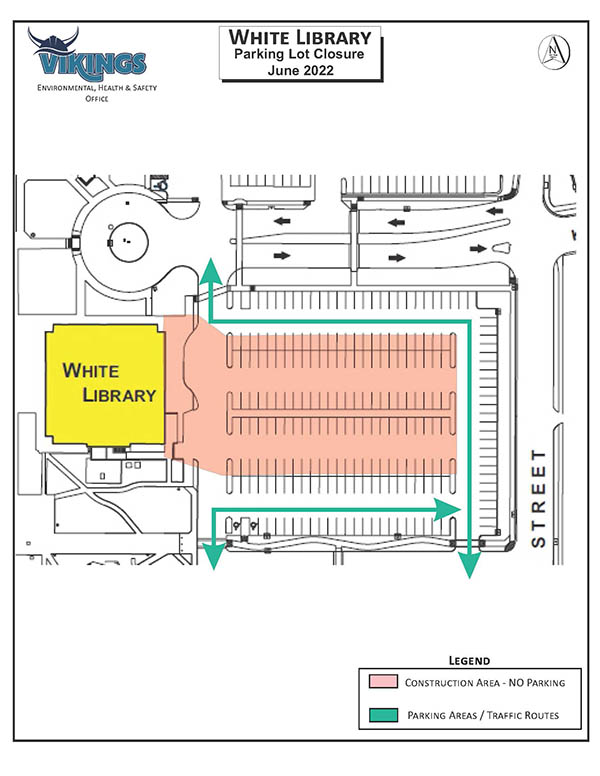 Map of closed parking lot behind White Library
