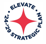 Red four-point star with "Elevate, 24-29 Strategic Plan" in a circle around the star